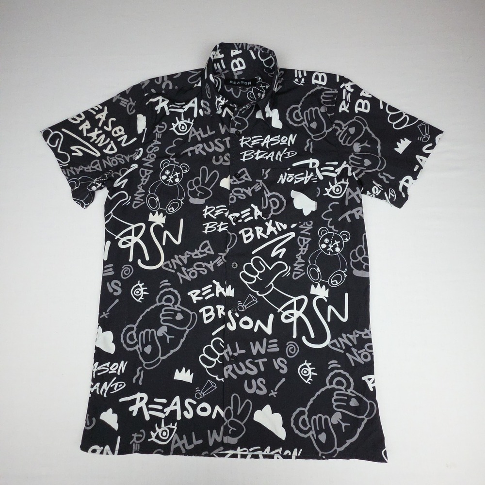 Reason Brand VS1-22 Graffiti Bear Short Sleeve Button Up Shirt Mens Small Black